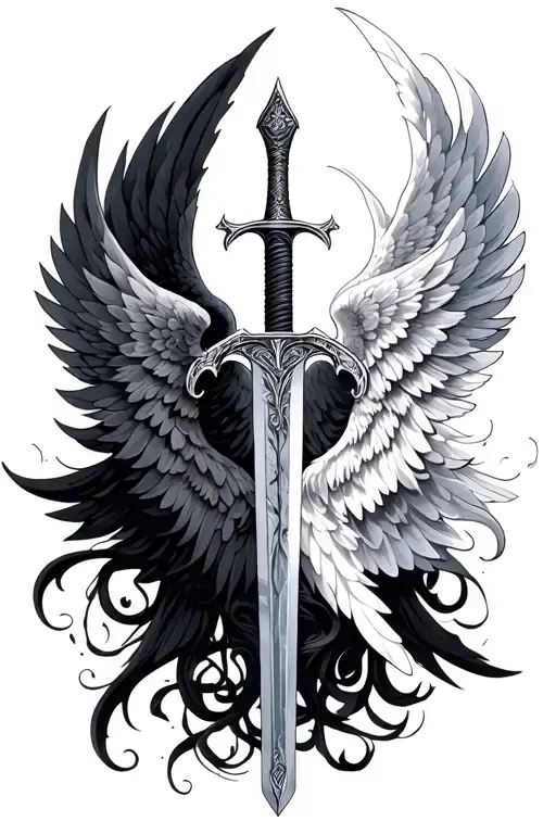 Sword And One White Angel Wing And One Black Angel Wing