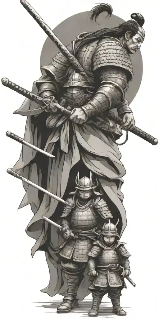 Samurai In Full Armor Ready For War With 2 Children Holding His Arms To Pull Him