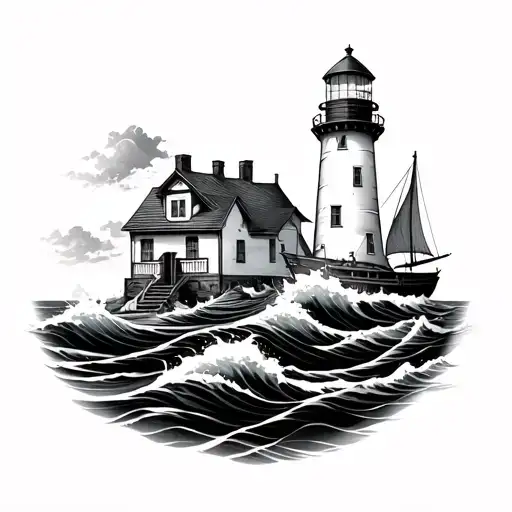 Lighthouse With Waves Crashing Around It And A Little Sailboat On The Side