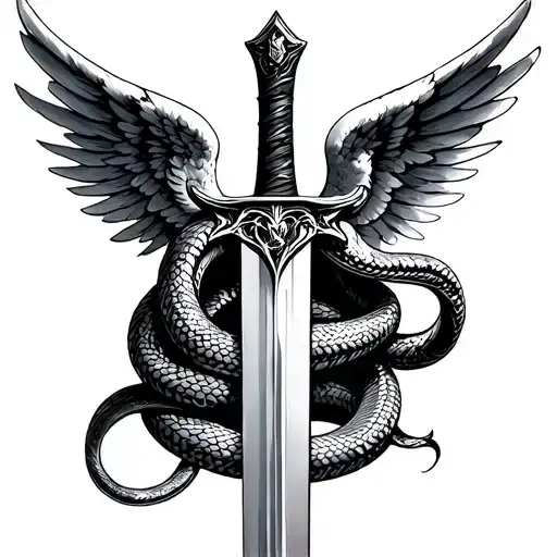 Sword With Snake Coiling Around It And Angel Wings At The Hilt