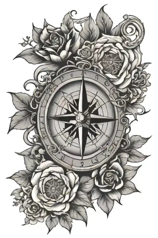 Compass And Flowers Intertwined