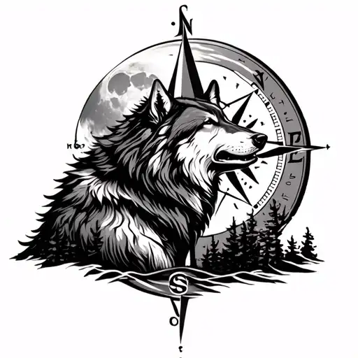 Half Sleeve Wolf Howling At The Moon In Forest And A Compass With Showing Time On Arm