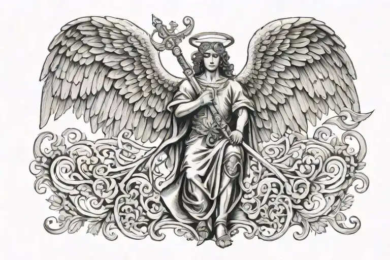 Angel With Wings Spread And A Sword Into The Ground Symmetrical