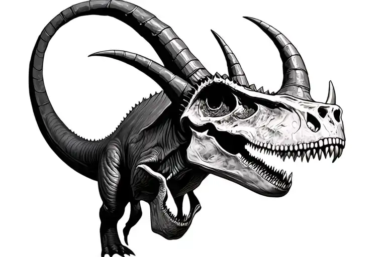 A Triceratops With A Tyrannosaurus Rex Skull Hanging From One Of The Horns