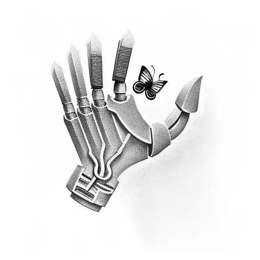 Design A Tattoo Of A Robotic Hand Reaching Out To Touch A Butterfly In A Surreal Nature Setting