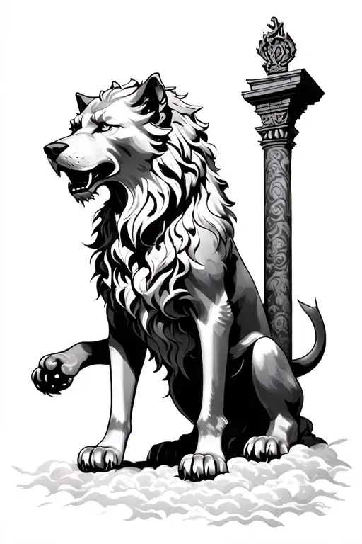 Cerberus Guarding The Gates Mountain And Clouds