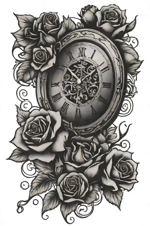 One Roman Clock Surrounded By Roses With A Paper Written Memento Mori