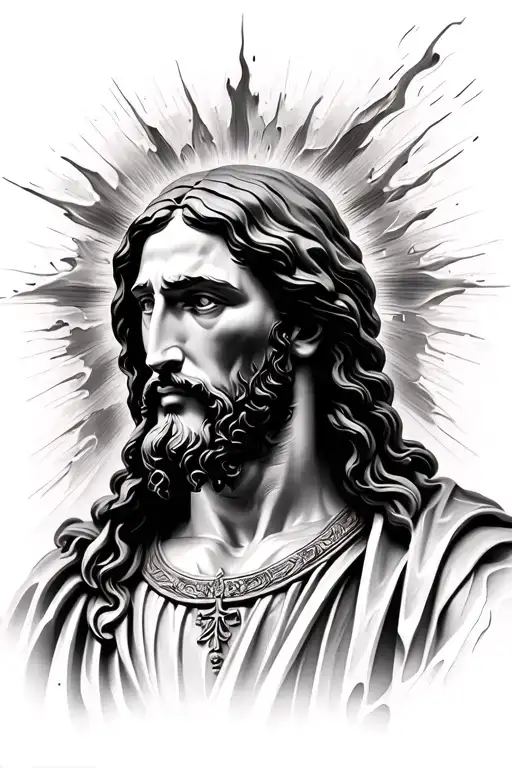 Create A 3D Black And White Drawing Of Jesus In Abstract Art Suitable For A Half Sleeve