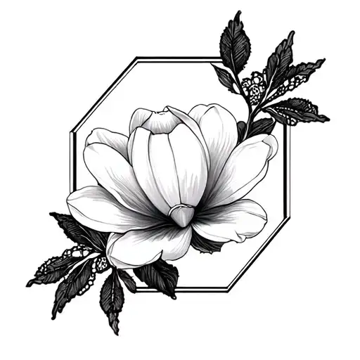 Magnolia Flowers On Black Lace Octagon Tattoo Black