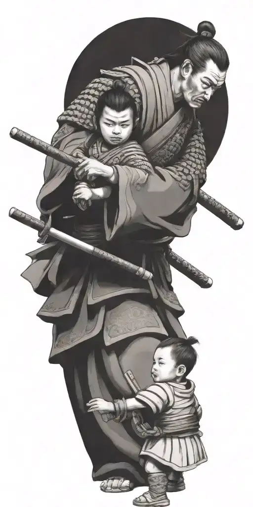 Samurai In Full Armor Ready For War With 2 Children Holding His Arms To Pull Him