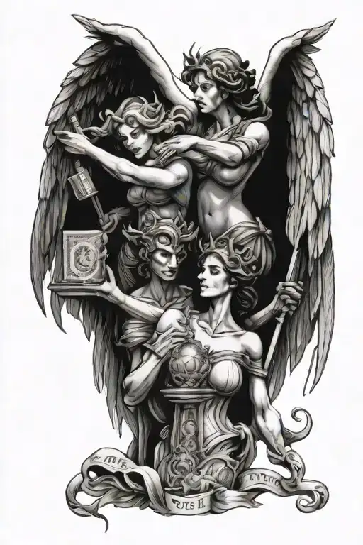 Justice Angels Holding Money To Keep Safe From Devil