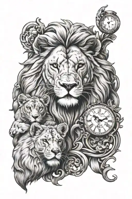 Lion And Two Cubs And Clock Embedded