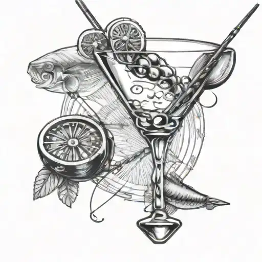 Martini Glass With 2 Olives On A Toothpick And A Fishing Lure Hanging Off The Side