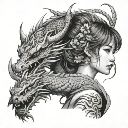 Japanes Girl Wrapped With Realistic Dragon