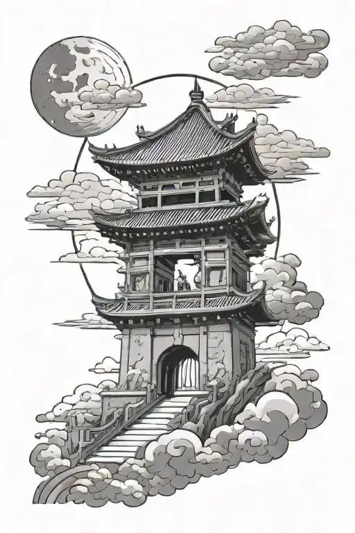 Torri Gate With Samurai Warrior In The Middle Below The Sun And Clouds