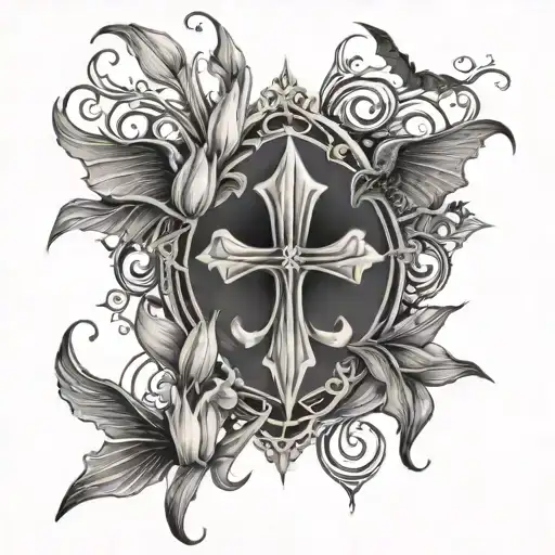 Cross With Tulip Going Around It And Bats In The Background