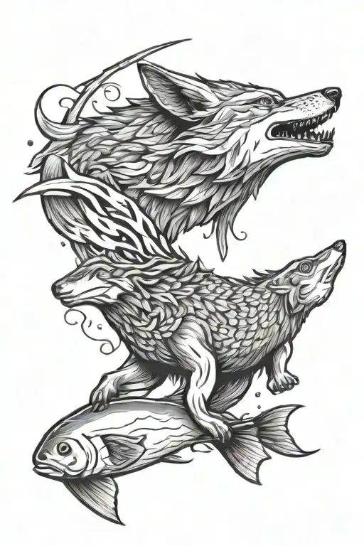 Lone Wolf Howling And Fish