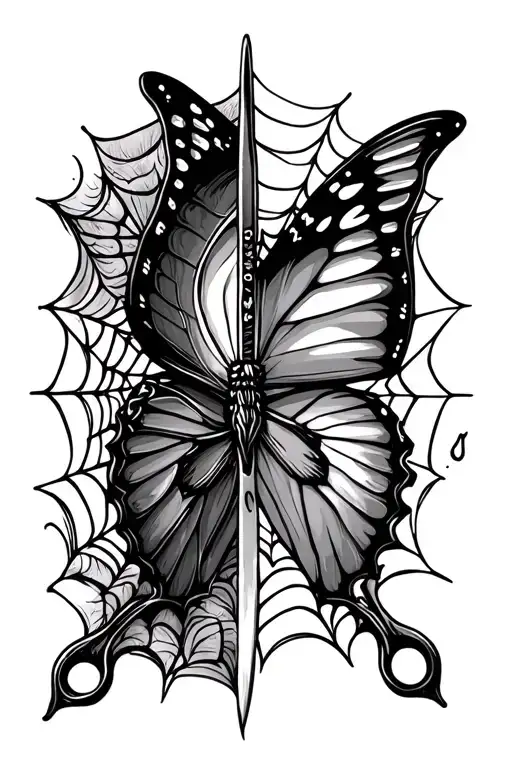 Butterfly Knife Half Butterfly Half Knife And Spider Web Between The Two Handles Of The Knife