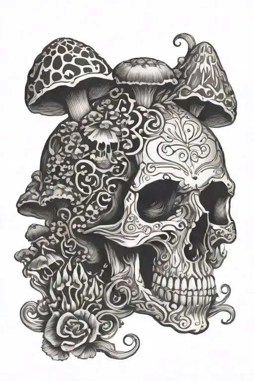 A Skull Made Of Mushrooms With Psychedelic Patterns
