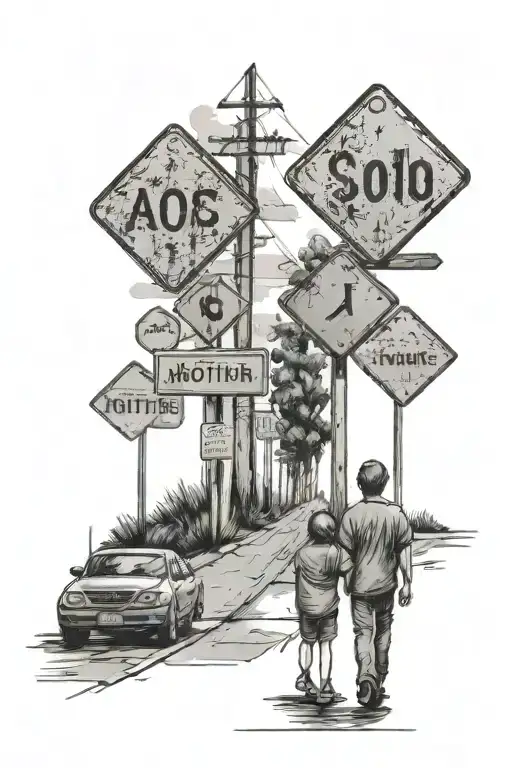 Road Signs In Background With Mother And Son Walking Towards