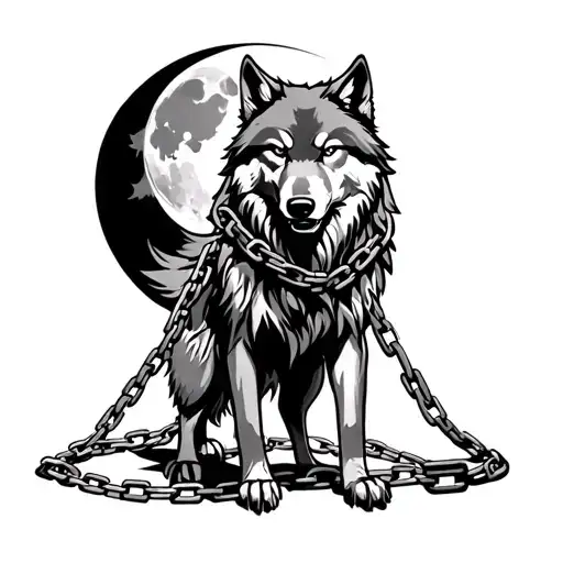 Wolf Standing With Chains Wrapped Around His Body With A Fierce Face And A Moon In The Background