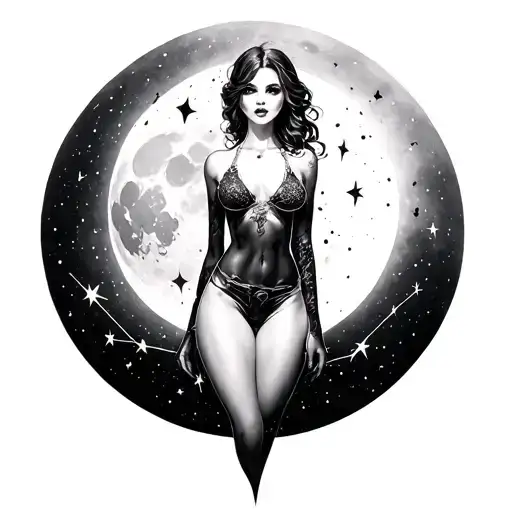 A Constellation Of Stars Forming The Shape Of A Sexy Woman With A Moon In The Background