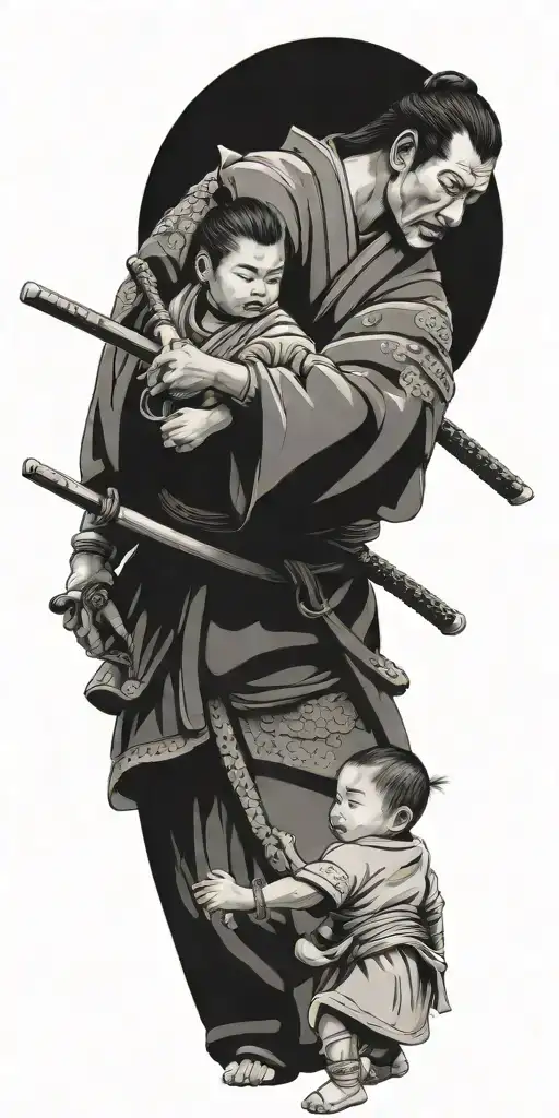 Samurai Iready For War With 2 Children Holding His Arms To Pull Him