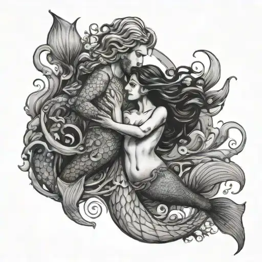 Mermaid And Merman Swimming Underwater Surrounded
