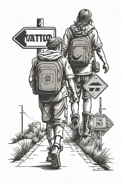 Road Signs In Background With Mother And Son Walking Towards