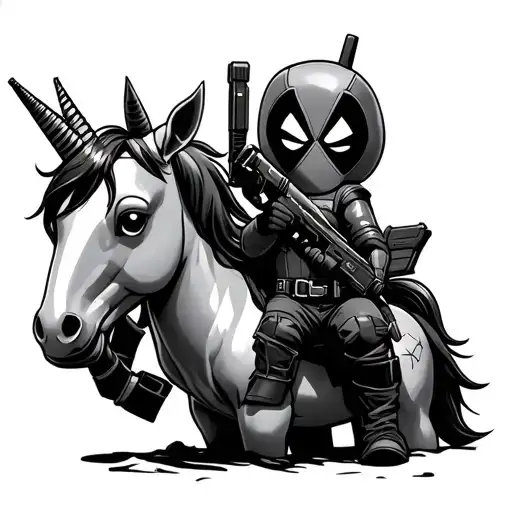 A Mini Deadpool With A Gun And An Unicorn Riding