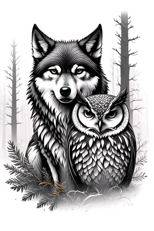 Wolf And Owl In Forest