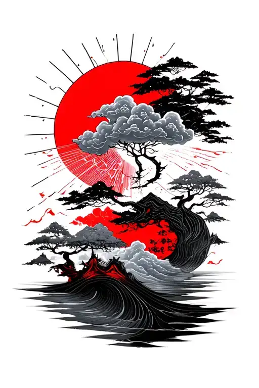 Japanese Cluods And Sun Black And Red