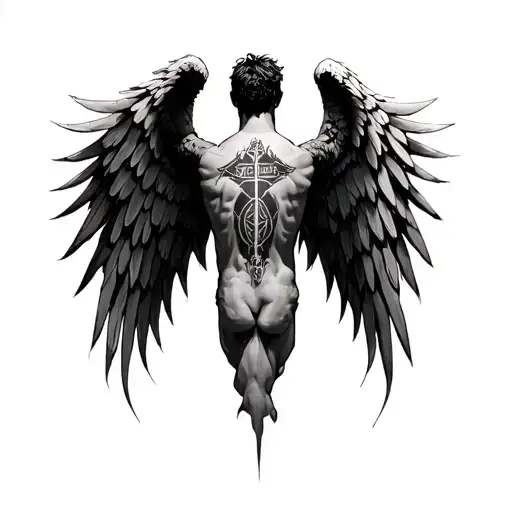 Gaurdian Angel Wings Spread Wide Upper Back Biblical Style Male Name Isla Hidden In Design