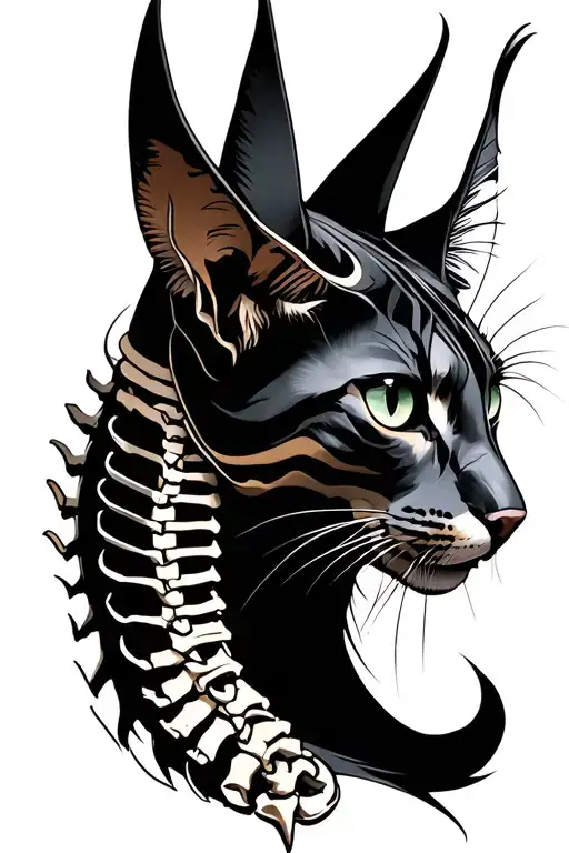 Spine Tattoo With Anubis And Spynx Cat Half Profile
