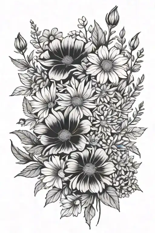 Wildflower Bouquet Fine Line With Peonys Daisies And Morning Glory's