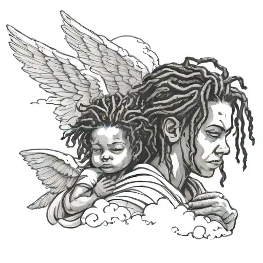 Boy Angel With Dreads Holding Baby Angel Looking At Him In The Clouds