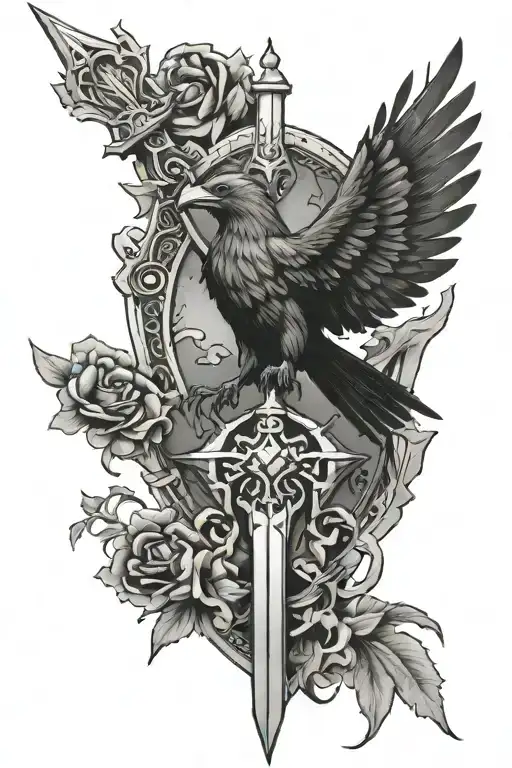 Zelda Royal Crest With Master Sword And Ravens Huginn