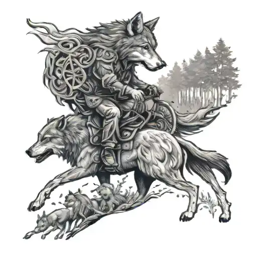 A Black And Grey Tattoo Of A Majestic Wolf Leading A Pack Of Bikers Through A Forest