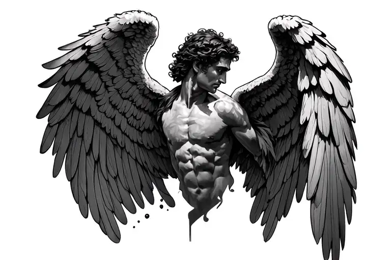 Gaurdian Angel Wings Spread Realism Blackwork Tattoo Male