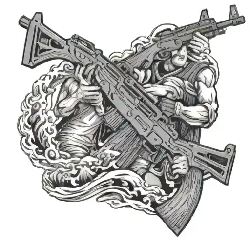 Four Man Holding Ak47 On The Background Sea Waves