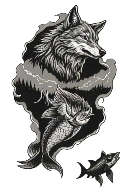 Lone Wolf Howling And Fish