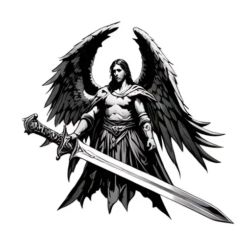 Gaurdian Angel Holding Sword Wings Spread Wide Across Shoulder Blades Upper Back Medievil Style