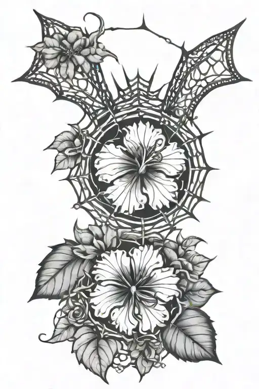 Spider Web With Hibiscus And Sunflowers Around