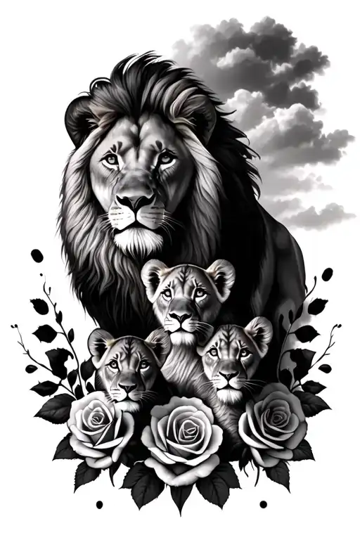 Male Lion With Two Female Cubs With Roses At Bottom And Hand And Feet Prints Slowly Fading