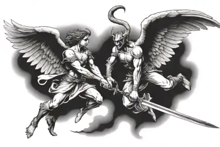 Angel Flying Down From The Heavens Spearing A Demon With Their Sword