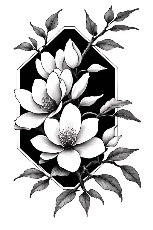 Magnolia And Cherry Blossom Branch In Fine Line Tattoo With Octagons And Travel Themes