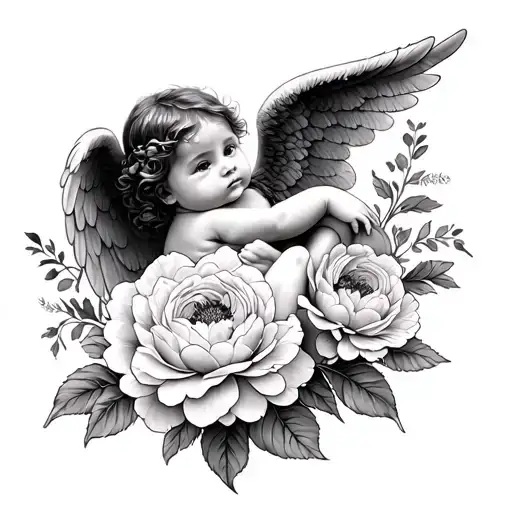 Baby Angel With Peonies Flower Sleeve Tattoo Design