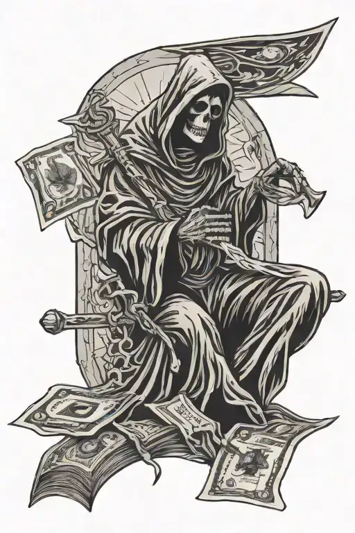 Memento Mori Writing With Grim Reaper And Cross And Burning Dollar Bills