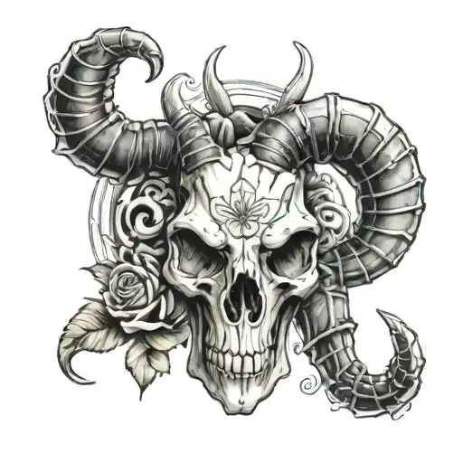 Goat Skull Sleeve Tattoo Design With Elements Of Life And Death
