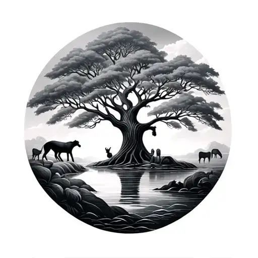 Tree Of Life With River And Animals